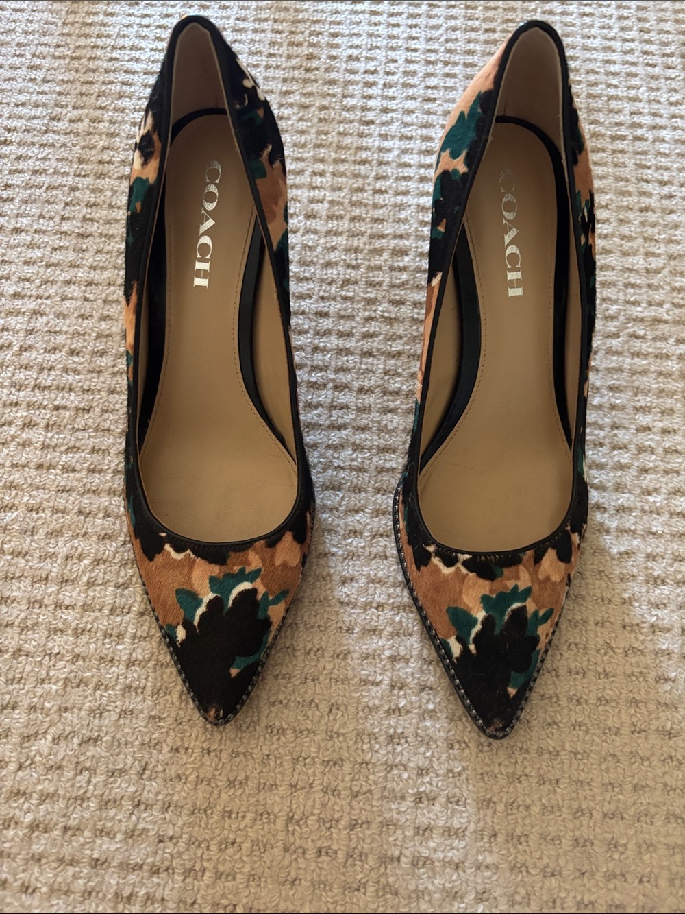 Coach Floral Pointed-Toe Pumps in Tan, Black & Teal